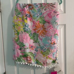 Lilly Pulitzer 🎯 Pink, Green & White Floral Pom-Trim Scarf/Sarong